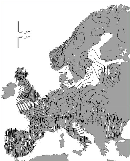 Picture shows a map with modeling of the EUVN-DA - EGG08 height anomaly differences