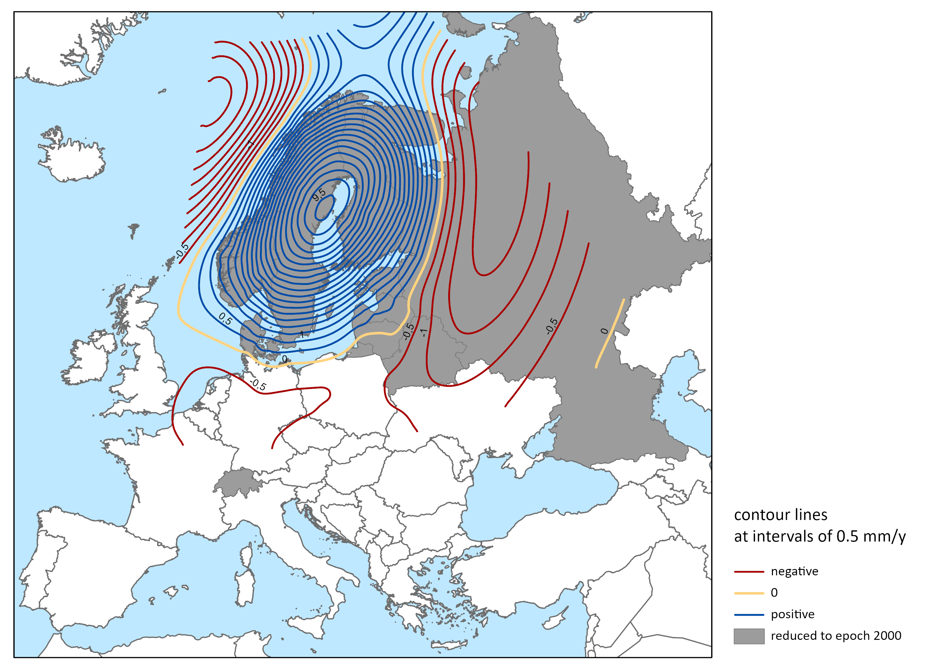 Picture shows the land uplift model NKG2016LU_lev and countries with reduced data