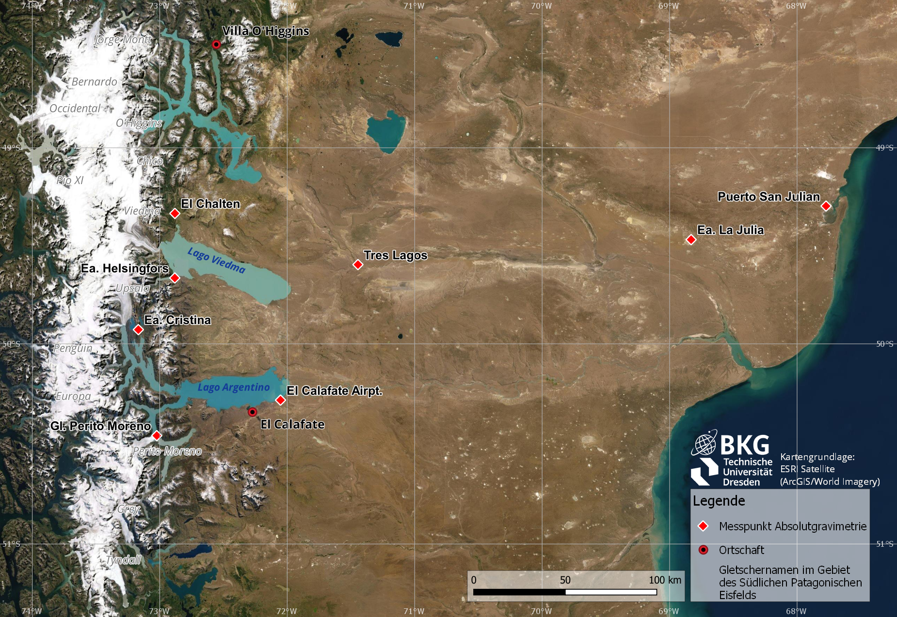 Übersichtskarte von Patagonien mit Messpunkten und Ortschaften Übersichtskarte von Patagonien mit Messpunkten und Ortschaften