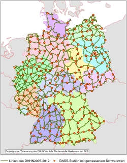 Bild zeigt eine Karte des deutschen Haupthöhennetzes mit GNSS- und Absolutschwerepunkten Bild zeigt eine Karte des deutschen Haupthöhennetzes mit GNSS- und Absolutschwerepunkten