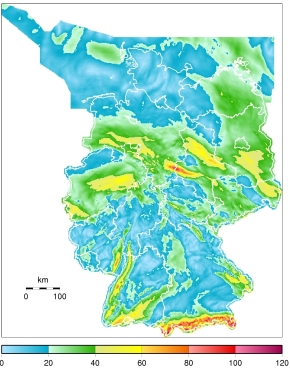 Bild zeigt eine Deutschlandkarte mit den maximalen horizontalen Gradienten der Quasigeoidhöhen in Millimetern pro Kilometern Bild zeigt eine Deutschlandkarte mit den maximalen horizontalen Gradienten der Quasigeoidhöhen in Millimetern pro Kilometern