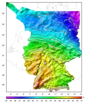 Bild zeigt eine Deutschlandkarte mit einer Darstellung der Quasigeoidhöhen des German Combined QuasiGeoid 2016 in Metern Bild zeigt eine Deutschlandkarte mit einer Darstellung der Quasigeoidhöhen des German Combined QuasiGeoid 2016 in Metern