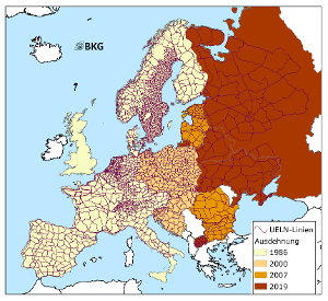 Bild zeigt eine Europakarte mit einem Netzbild des UELN (United European Levelling Network) Bild zeigt eine Europakarte mit einem Netzbild des UELN (United European Levelling Network)