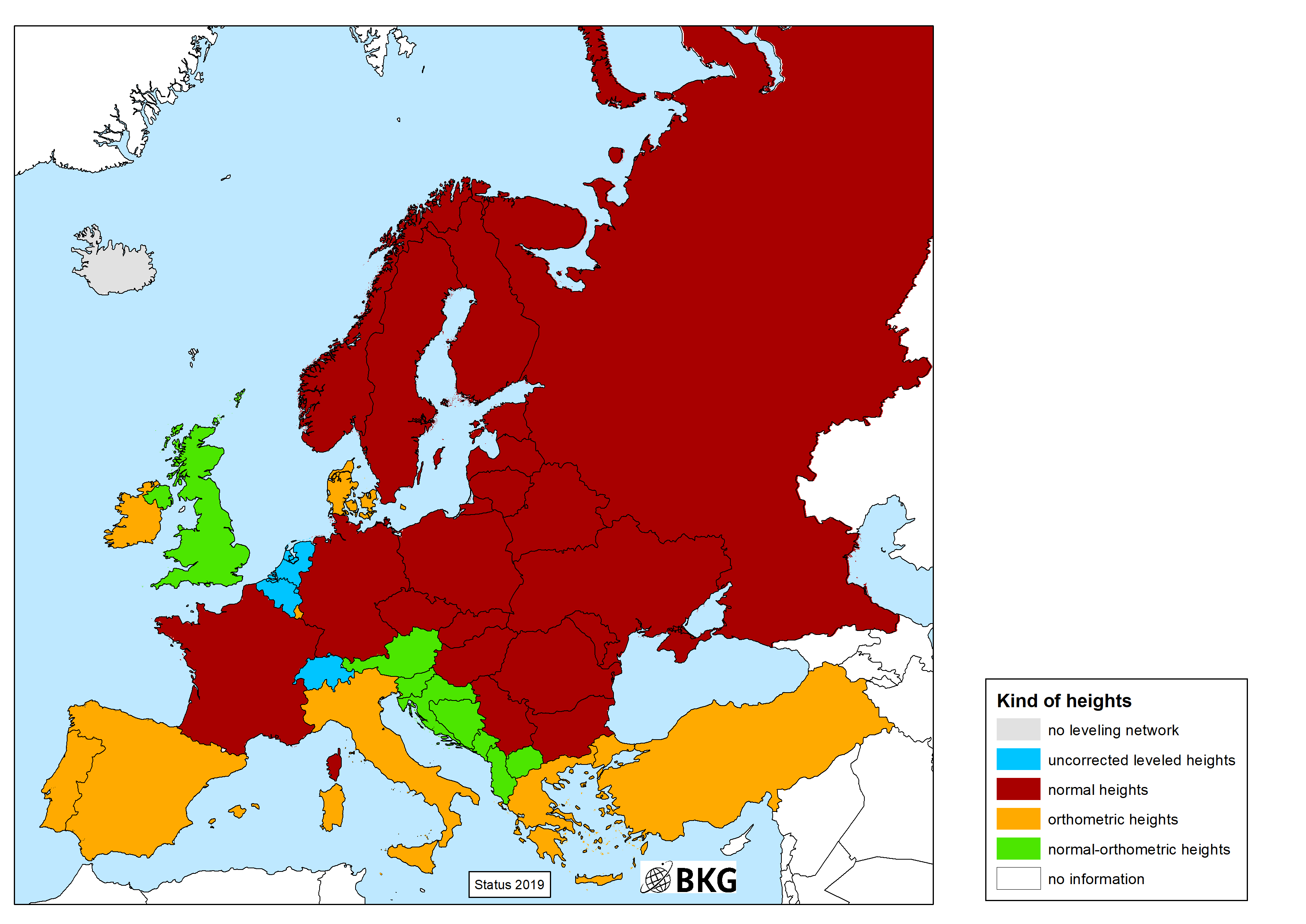 Picture shows a map of European countries where different colours represent the kind of heights of national height systems in Europe