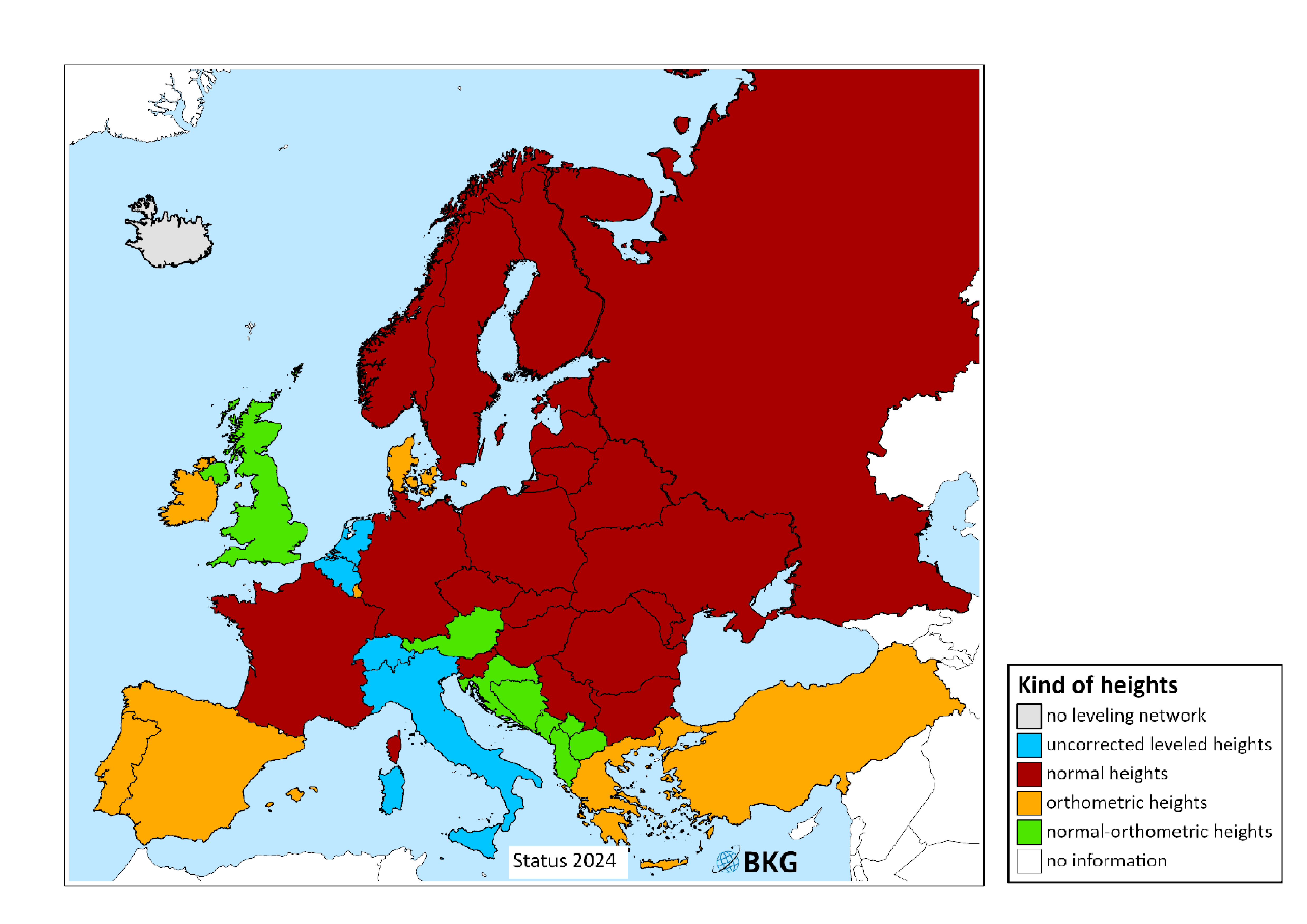 Picture shows a map of European countries where different colours represent the kind of heights of national height systems in Europe