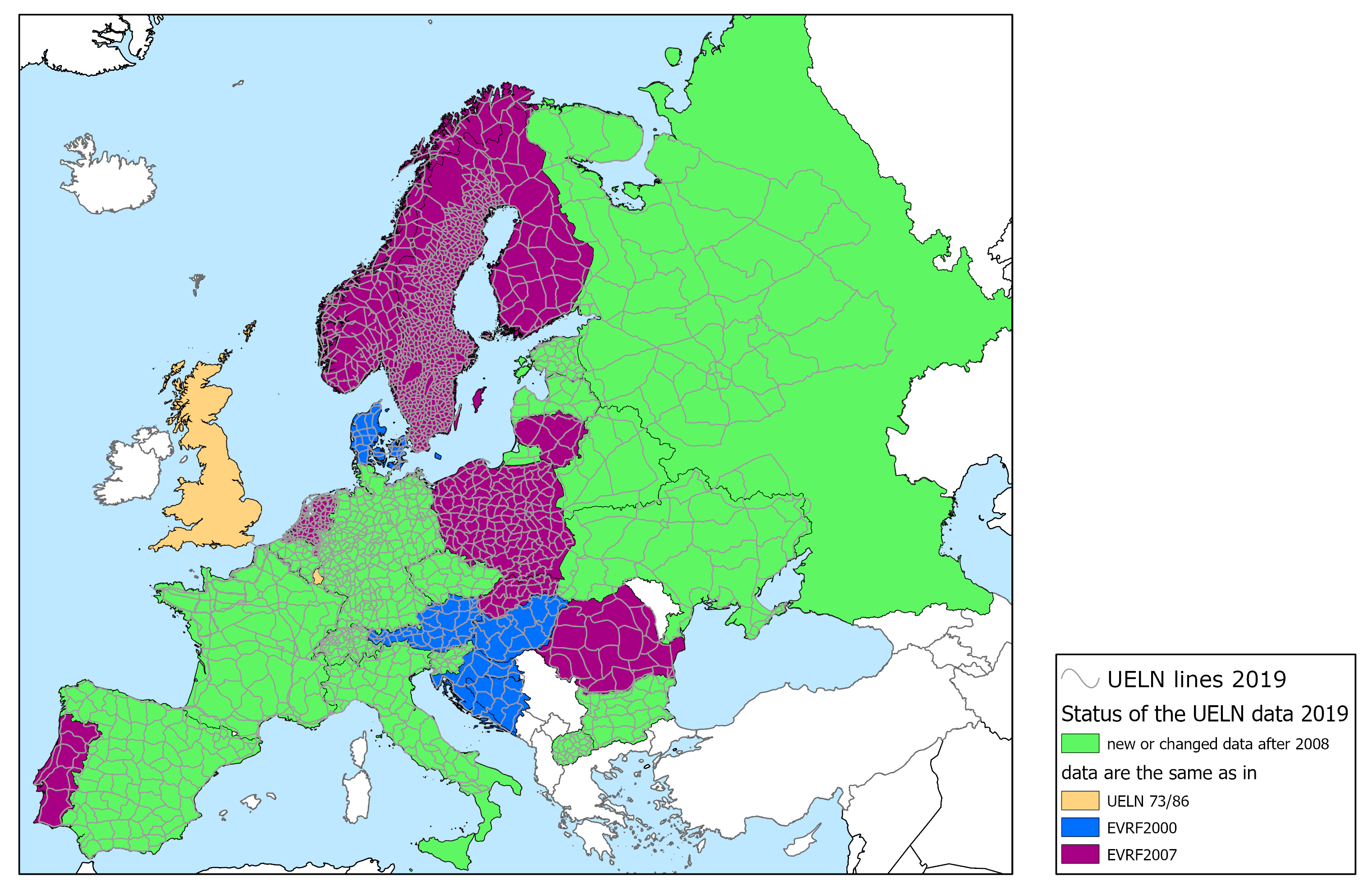 Picture shows in a map the status of the UELN data 2019