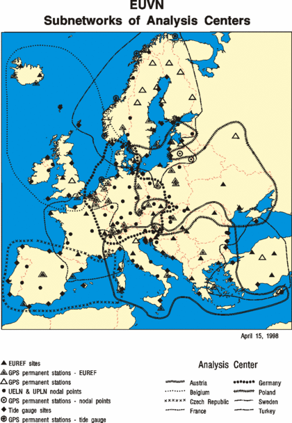 Picture shows a map of EUVN subnetworks of the Analysis Centers