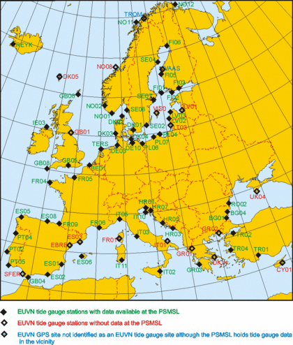 Picture shows a map of EUVN connection between tide gauge and GPS