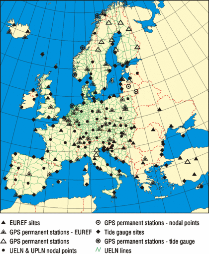 Picture shows a map of EUVN network (stations, levelling lines)