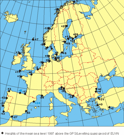Picture shows a map of heights of the mean sea level 1997 above the GPS/levelling quasigeoid of EUVN
